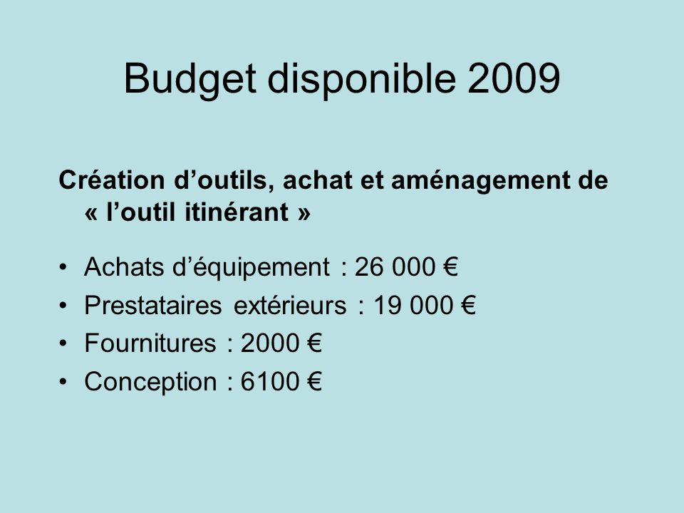 Budget disponible 2009 Création d’outils, achat et aménagement de « l’outil itinérant » Achats d’équipement : €