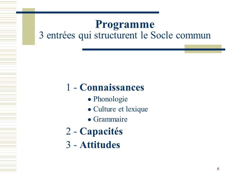 Programme 3 entrées qui structurent le Socle commun