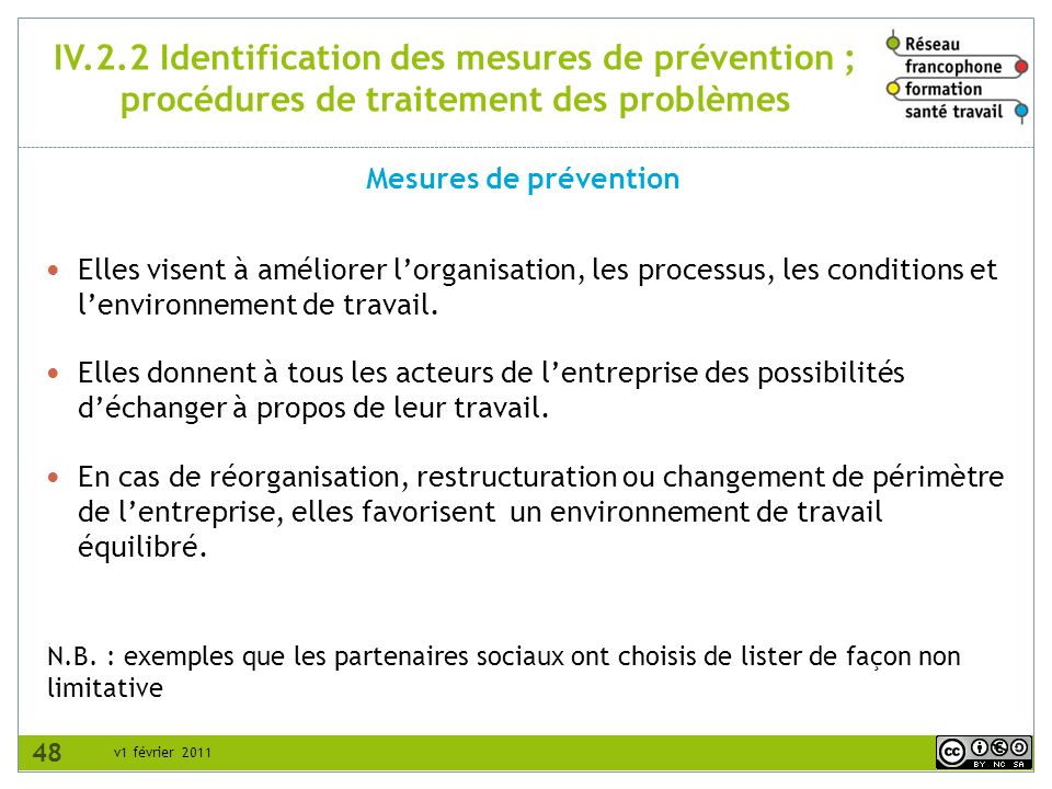 IV.2.2 Identification des mesures de prévention ; procédures de traitement des problèmes
