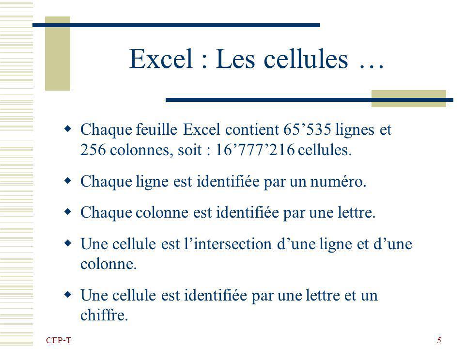Excel : Les cellules … Chaque feuille Excel contient 65’535 lignes et 256 colonnes, soit : 16’777’216 cellules.