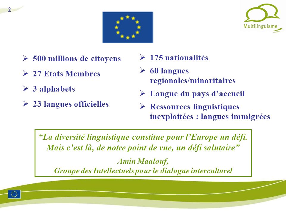 500 millions de citoyens 27 Etats Membres. 3 alphabets. 23 langues officielles. 175 nationalités.