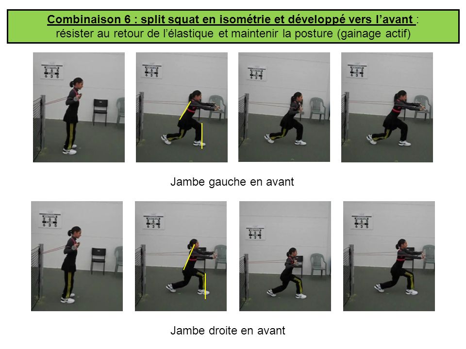 Combinaison 6 : split squat en isométrie et développé vers l’avant :