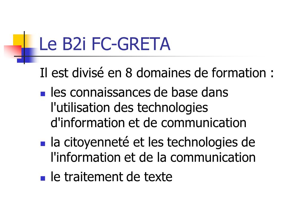 Le B2i FC-GRETA Il est divisé en 8 domaines de formation :