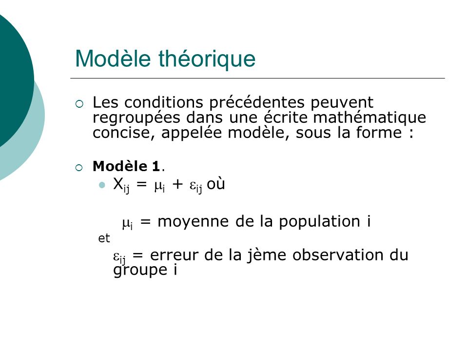 Modèle théorique Les conditions précédentes peuvent regroupées dans une écrite mathématique concise, appelée modèle, sous la forme :