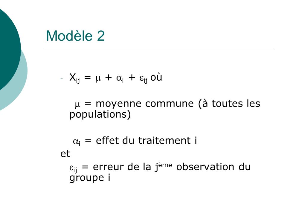 Modèle 2 Xij =  + i + ij où