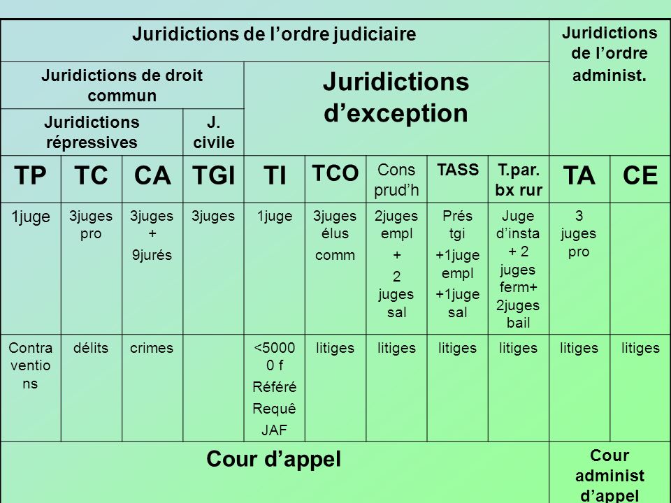 Juridictions d’exception TP TC CA TGI TI TA CE