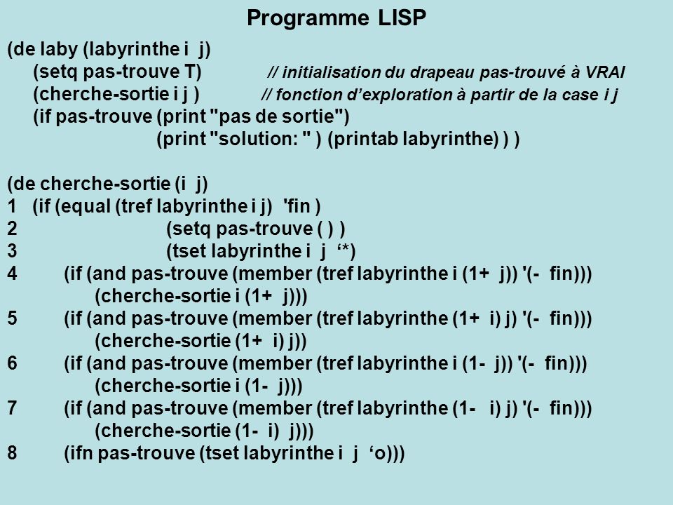 Programme LISP (de laby (labyrinthe i j)