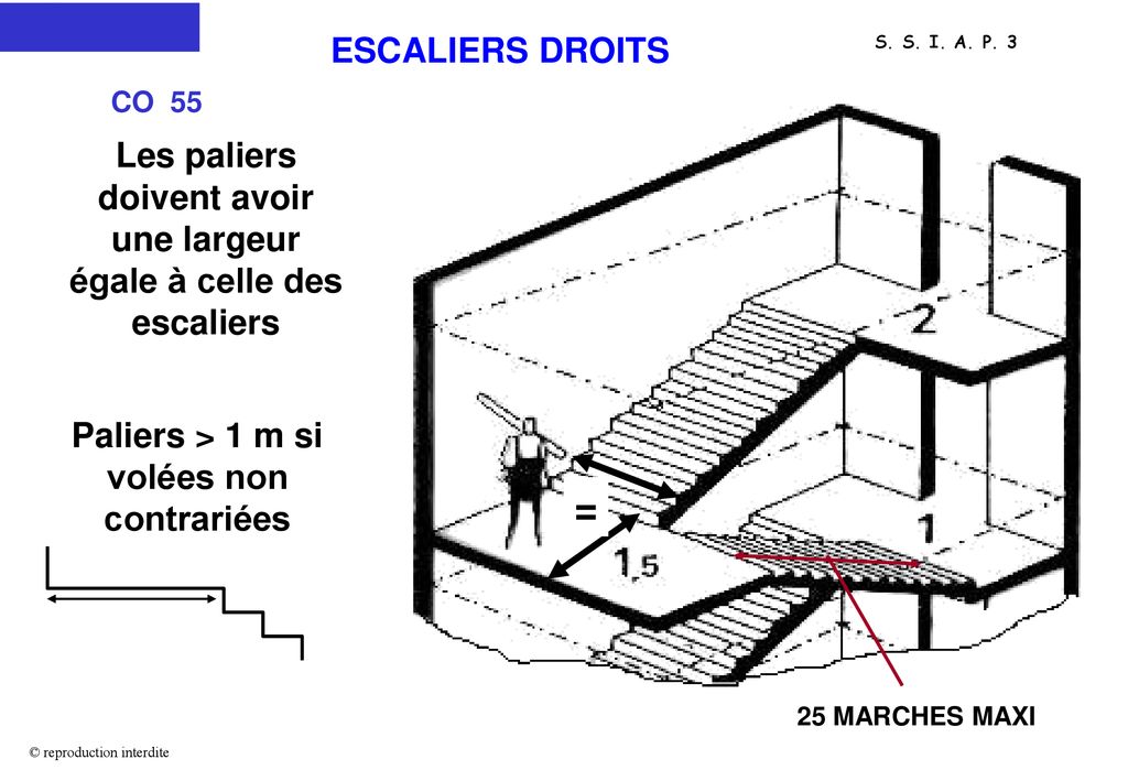 ESCALIERS DROITS CO 55. Les paliers doivent avoir une largeur égale à celle des escaliers. Paliers > 1 m si volées non contrariées.