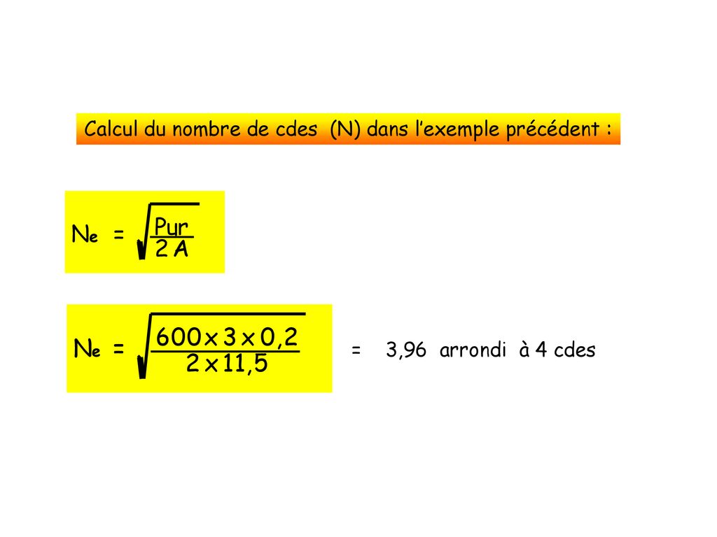Calcul du nombre de cdes (N) dans l’exemple précédent :