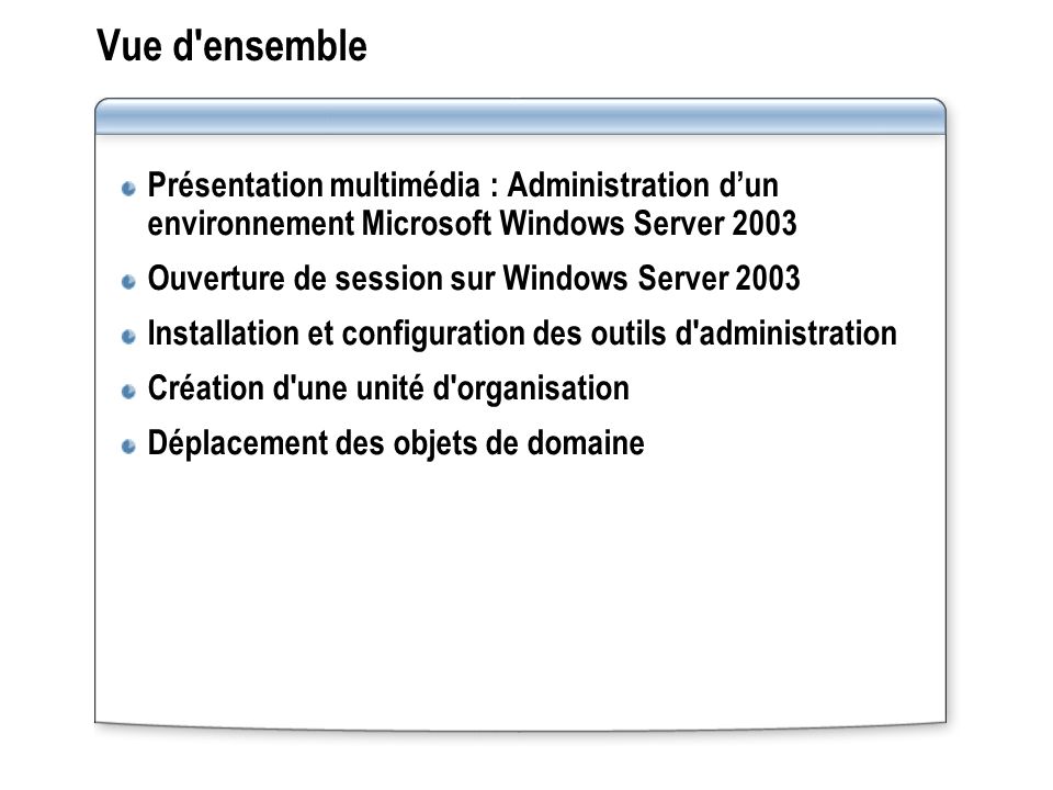 Vue d ensemble Présentation multimédia : Administration d’un environnement Microsoft Windows Server