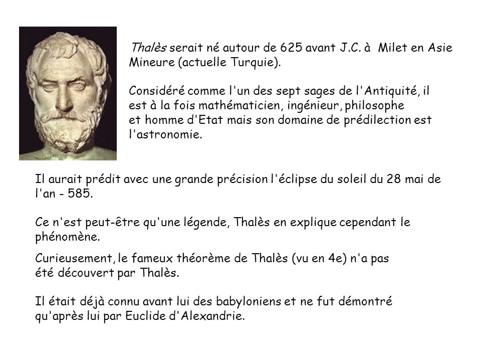 Thalès serait né autour de 625 avant J. C