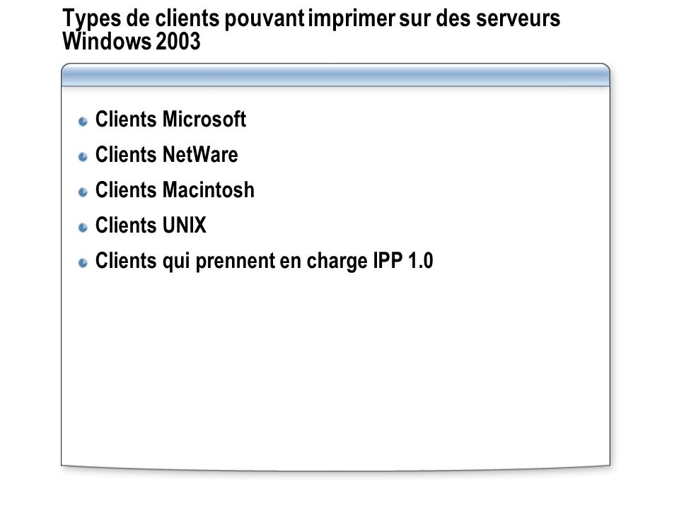 Types de clients pouvant imprimer sur des serveurs Windows 2003