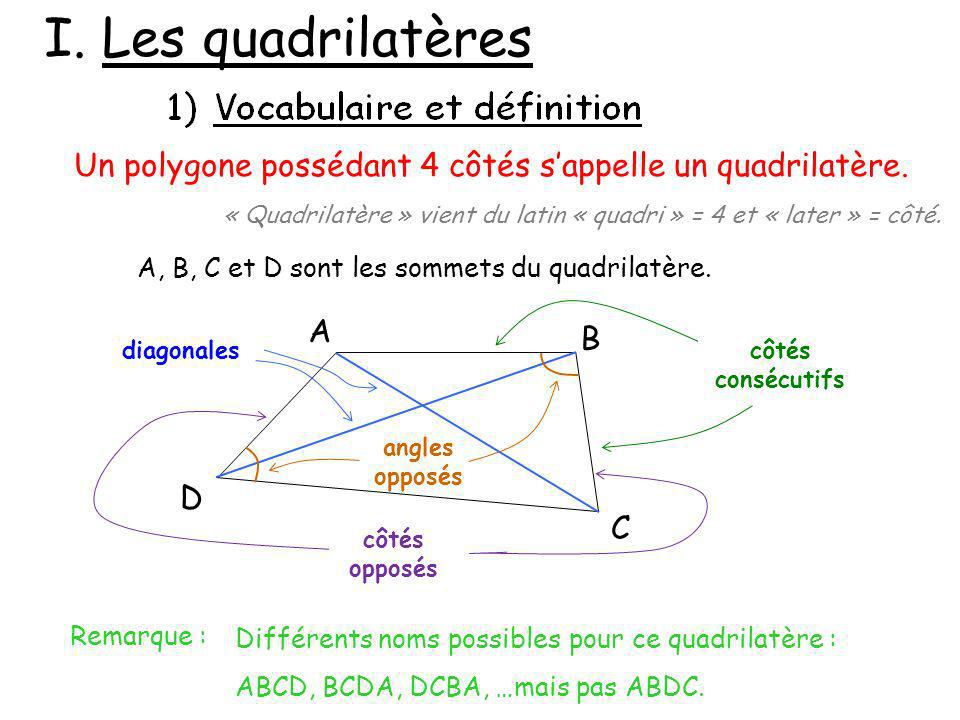 I. Les quadrilatères Un polygone possédant 4 côtés s’appelle un quadrilatère. « Quadrilatère » vient du latin « quadri » = 4 et « later » = côté.