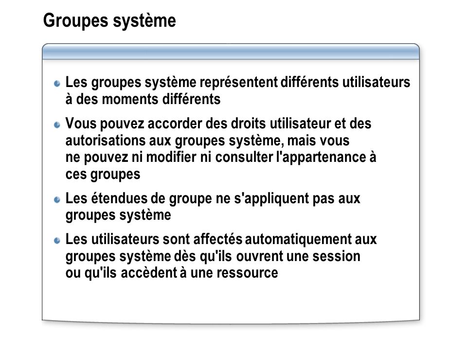 Groupes système Les groupes système représentent différents utilisateurs à des moments différents.
