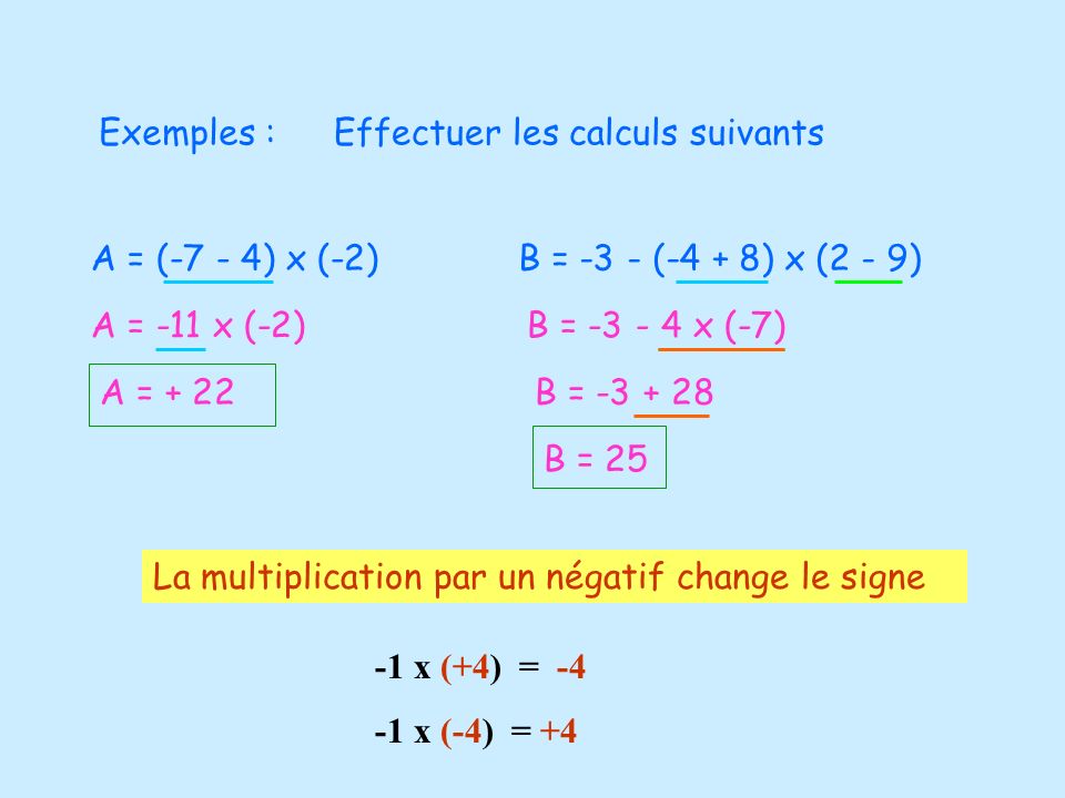 Exemples : Effectuer les calculs suivants. A = (-7 - 4) x (-2) B = -3 - (-4 + 8) x (2 - 9) A = -11 x (-2)