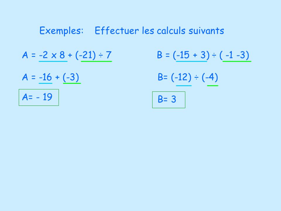 Exemples: Effectuer les calculs suivants. A = -2 x 8 + (-21) ÷ 7. B = ( ) ÷ ( -1 -3) A = (-3)