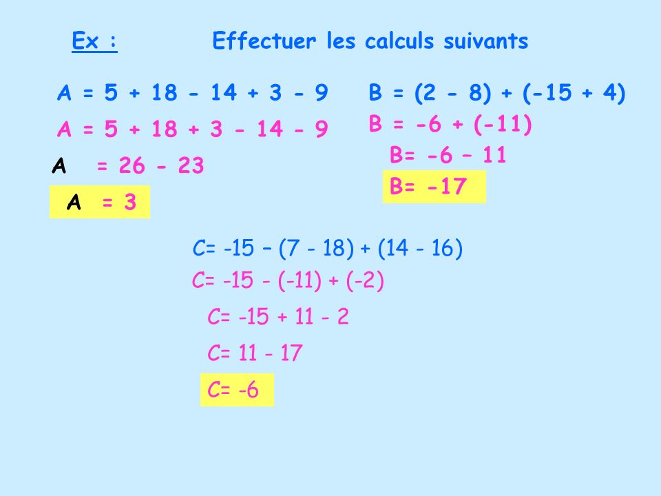 Ex : Effectuer les calculs suivants. A = B = (2 - 8) + ( ) B = -6 + (-11)