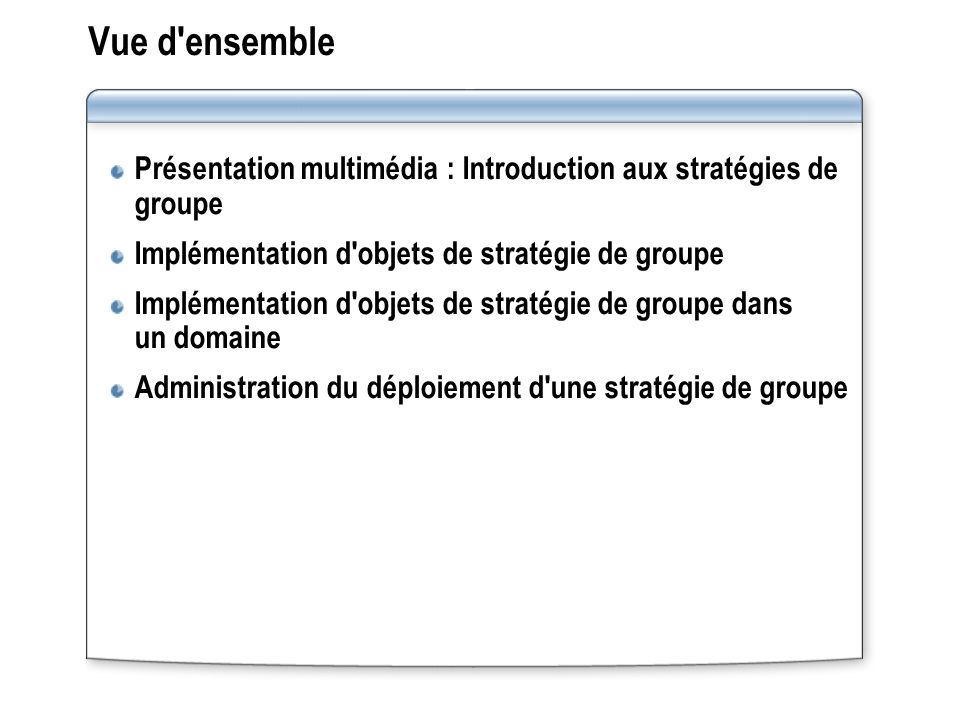 Vue d ensemble Présentation multimédia : Introduction aux stratégies de groupe. Implémentation d objets de stratégie de groupe.