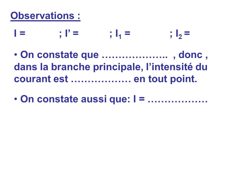 Observations : I = ; I’ = ; I1 = ; I2 =