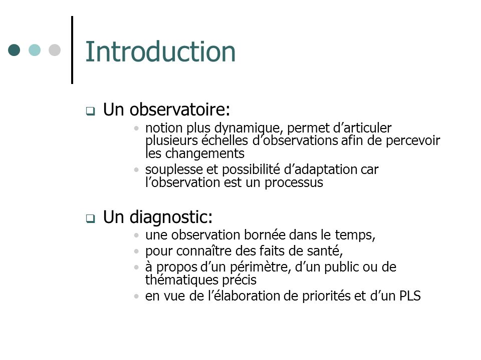 Introduction Un observatoire: Un diagnostic: