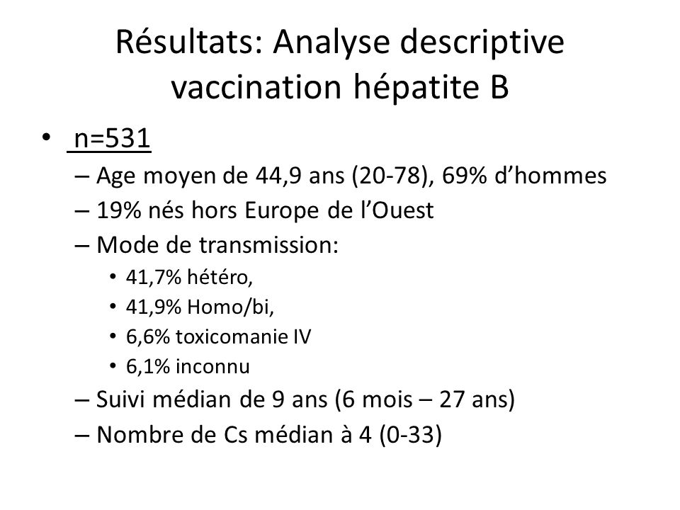 Résultats: Analyse descriptive vaccination hépatite B