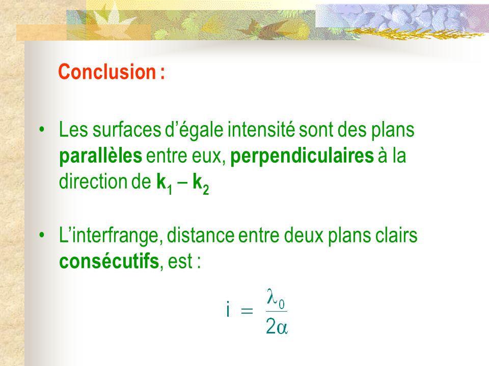 Conclusion : Les surfaces d’égale intensité sont des plans parallèles entre eux, perpendiculaires à la direction de k1 – k2.