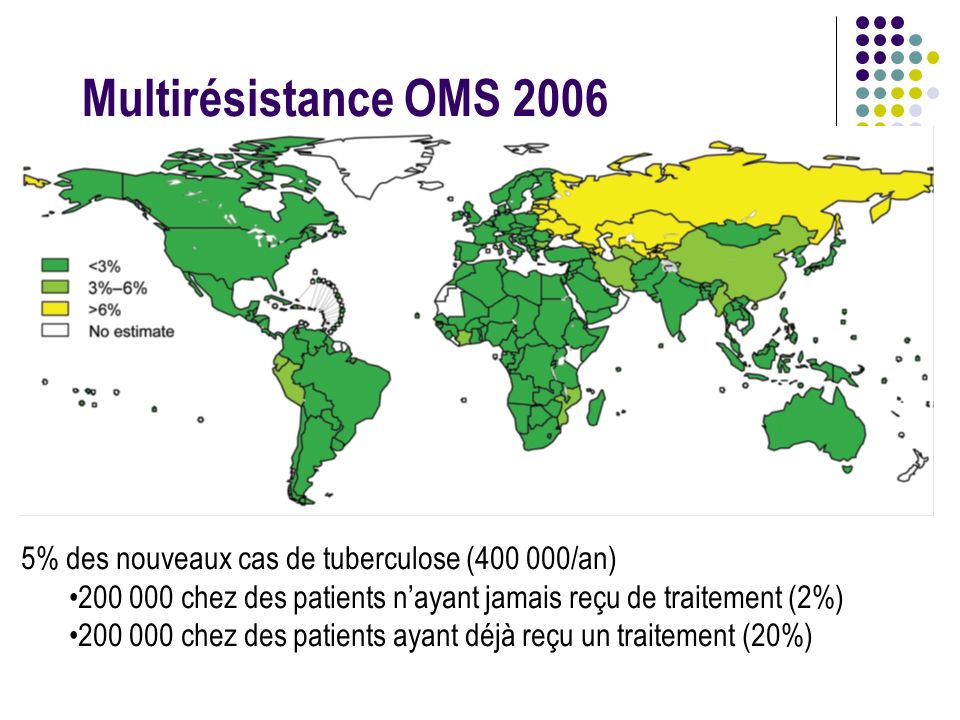 Multirésistance OMS % des nouveaux cas de tuberculose ( /an) chez des patients n’ayant jamais reçu de traitement (2%)