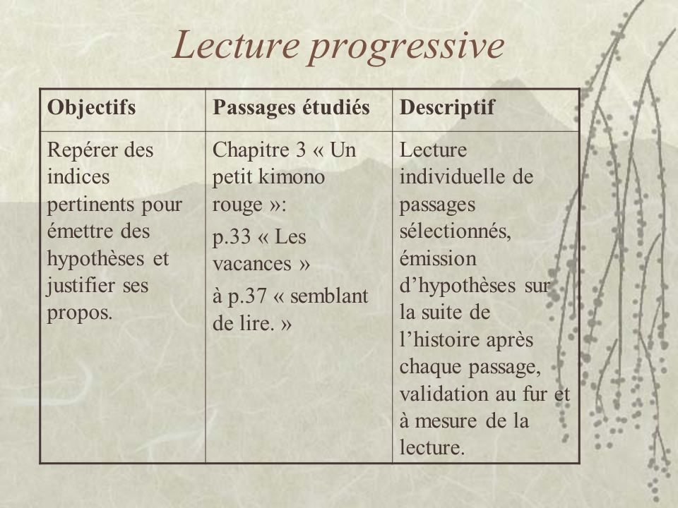 Lecture progressive Objectifs Passages étudiés Descriptif