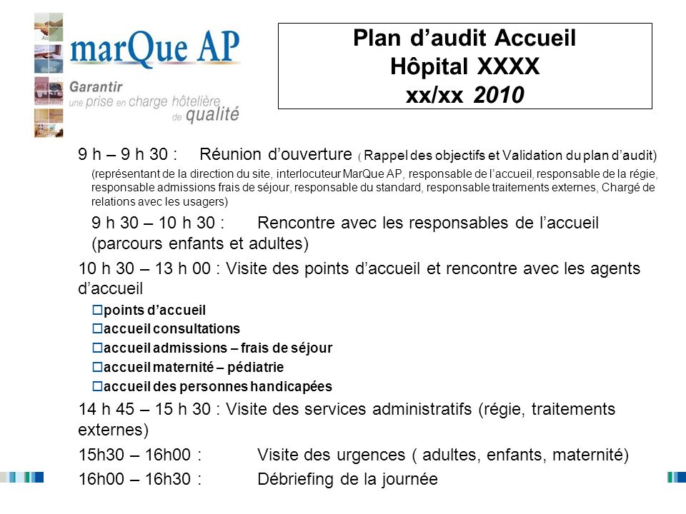 Plan d’audit Accueil Hôpital XXXX xx/xx 2010