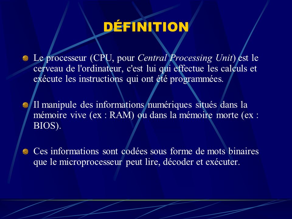 Définition  CPU - Microprocesseur central - Processeur central - Processeur  principal