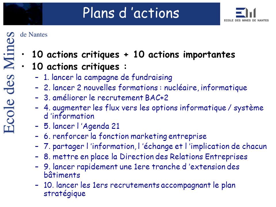 Plans d ’actions 10 actions critiques + 10 actions importantes