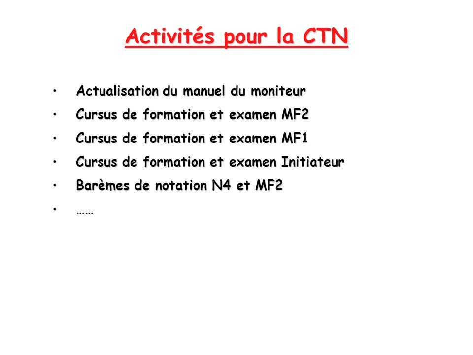 Activités pour la CTN Actualisation du manuel du moniteur
