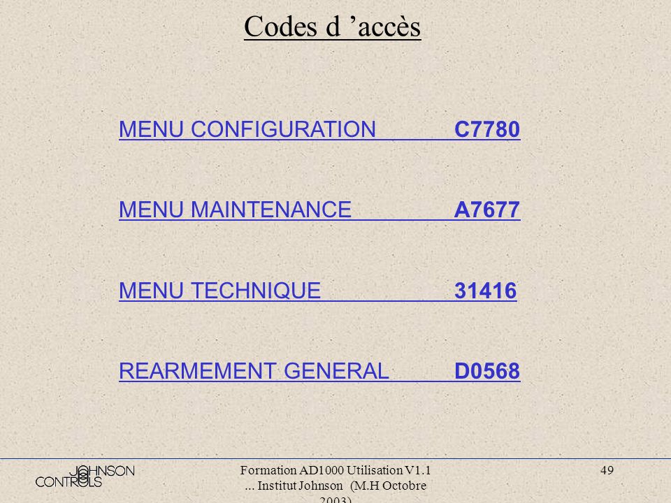 Codes d ’accès MENU CONFIGURATION C7780 MENU MAINTENANCE A7677