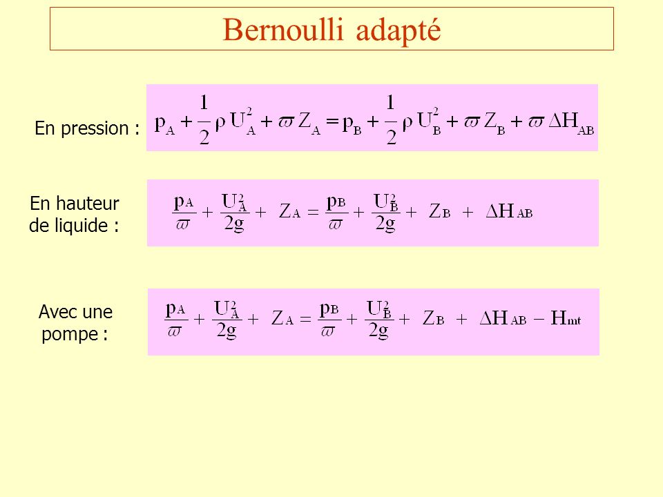 Bernoulli adapté En pression : En hauteur de liquide :