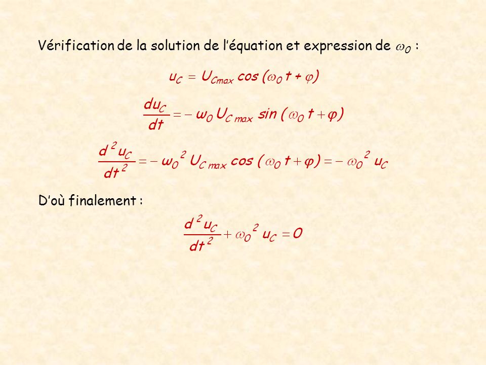 Vérification de la solution de l’équation et expression de w0 :