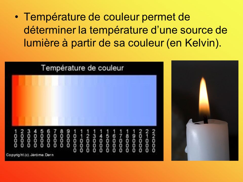 Température de couleur permet de déterminer la température d’une source de lumière à partir de sa couleur (en Kelvin).