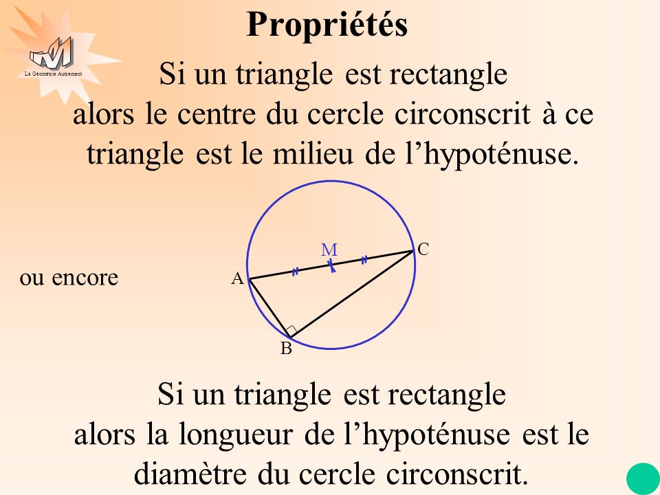Propriétés Si un triangle est rectangle alors le centre du cercle circonscrit à ce triangle est le milieu de l’hypoténuse.