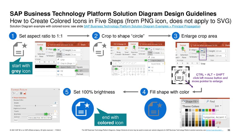 SAP Business Technology Platform Solution Diagram Design Guidelines How to Create Colored Icons in Five Steps (from PNG icon, does not apply to SVG) Solution Diagram example with colored icons: see slide SAP Business Technology Platform Solution Diagram Examples > Principal Propagation