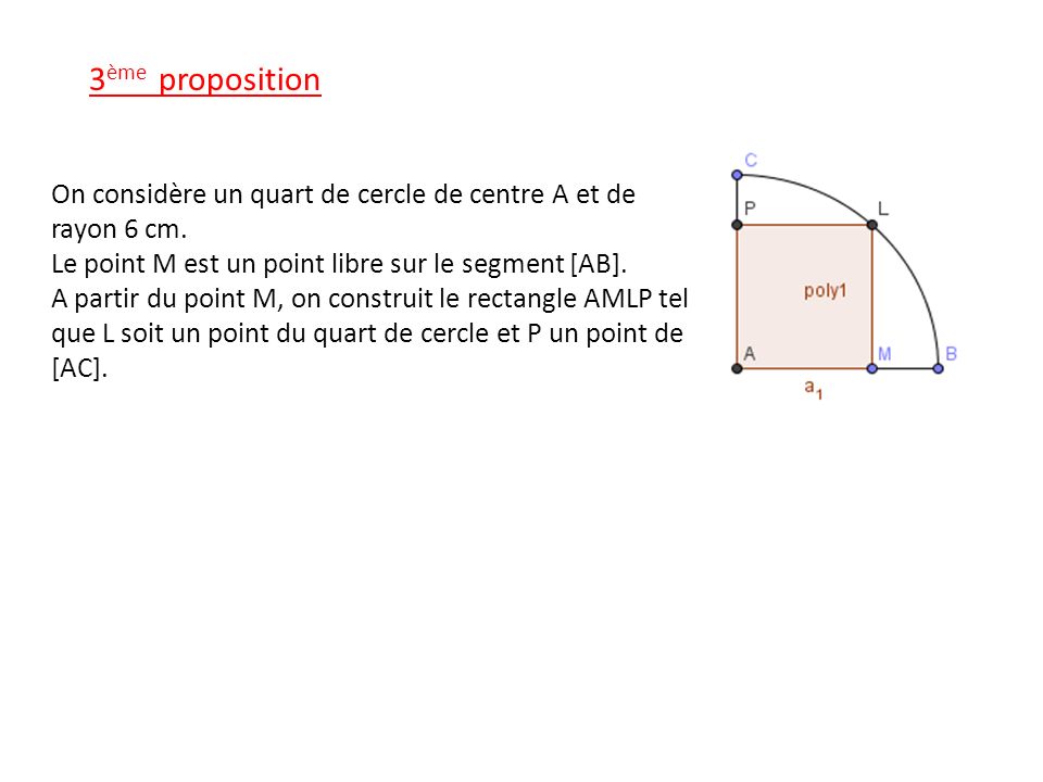 3ème proposition On considère un quart de cercle de centre A et de rayon 6 cm. Le point M est un point libre sur le segment [AB].