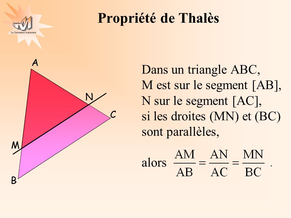 Propriété de Thalès Dans un triangle ABC, M est sur le segment [AB],