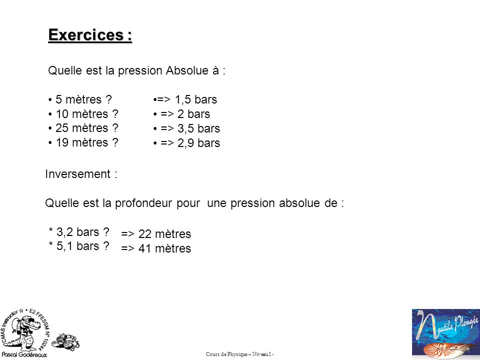 Exercices : Quelle est la pression Absolue à : 5 mètres 10 mètres