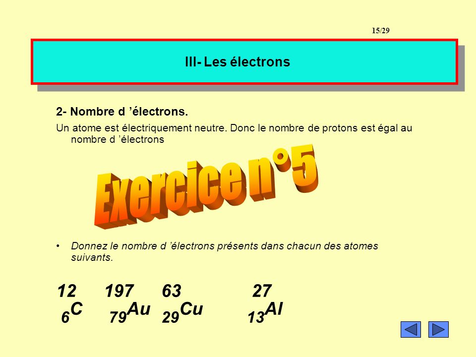 Exercice n°5 6C 79Au 29Cu 13Al III- Les électrons