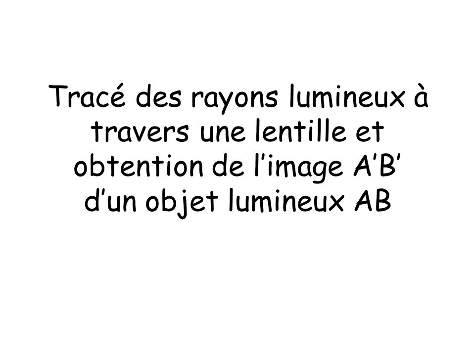 Tracé des rayons lumineux à travers une lentille et obtention de l’image A’B’ d’un objet lumineux AB