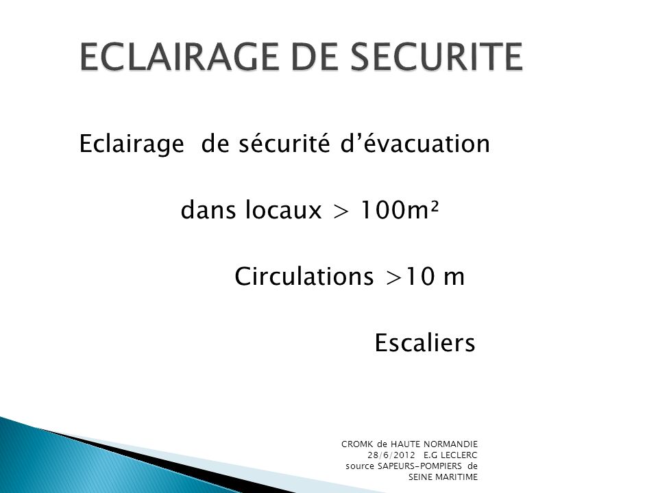ECLAIRAGE DE SECURITE Eclairage de sécurité d’évacuation dans locaux > 100m² Circulations >10 m Escaliers