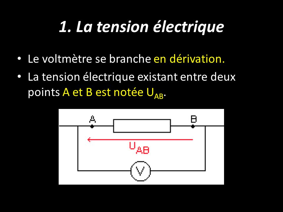 1. La tension électrique Le voltmètre se branche en dérivation.