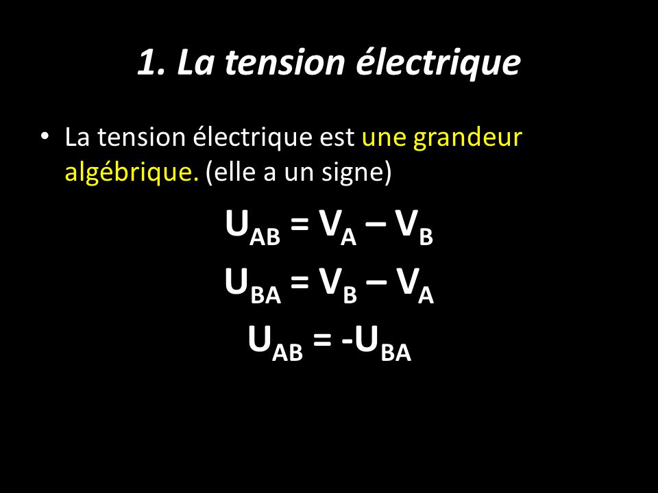 1. La tension électrique UAB = VA – VB UBA = VB – VA