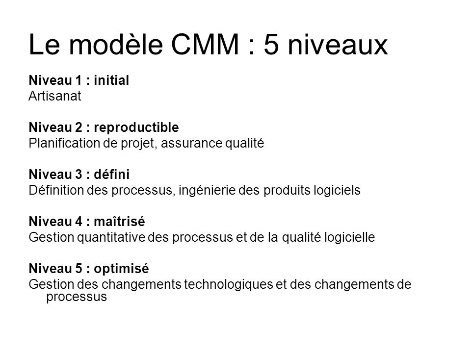 Le modèle CMM : 5 niveaux Niveau 1 : initial Artisanat