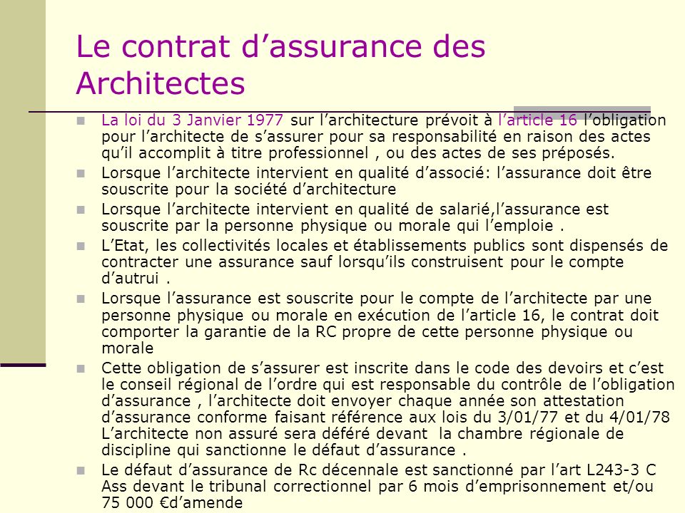 Le contrat d’assurance des Architectes