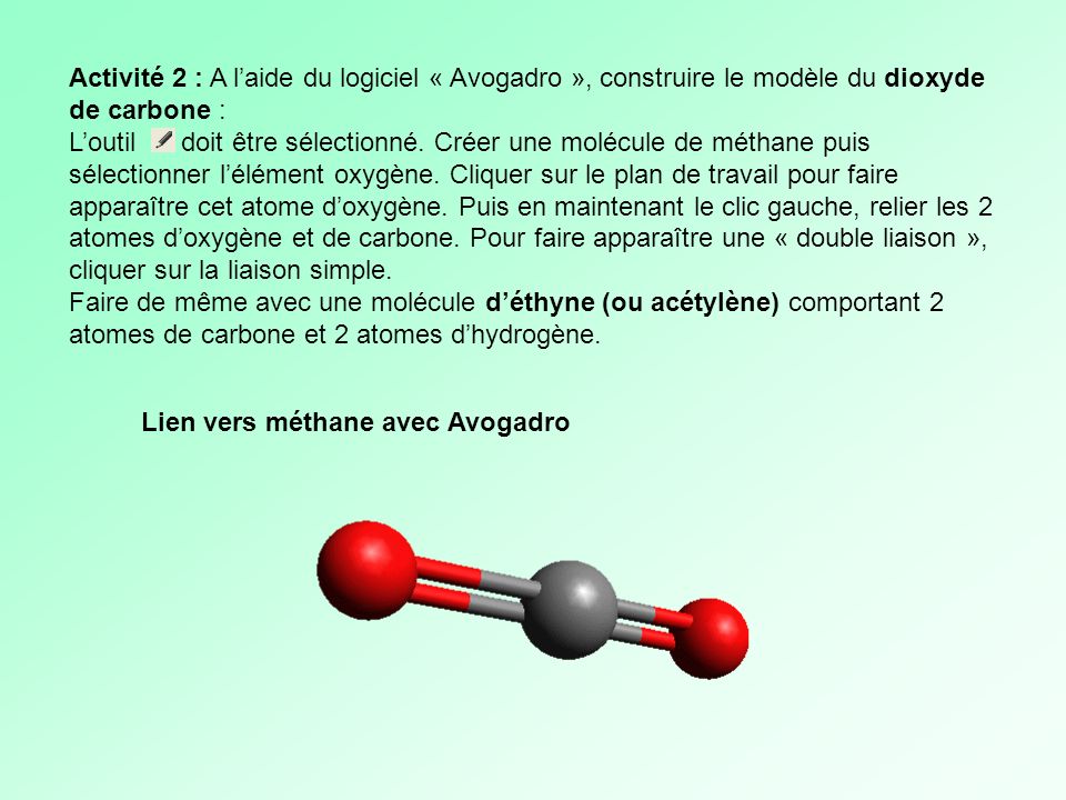 Activité 2 : A l’aide du logiciel « Avogadro », construire le modèle du dioxyde de carbone :