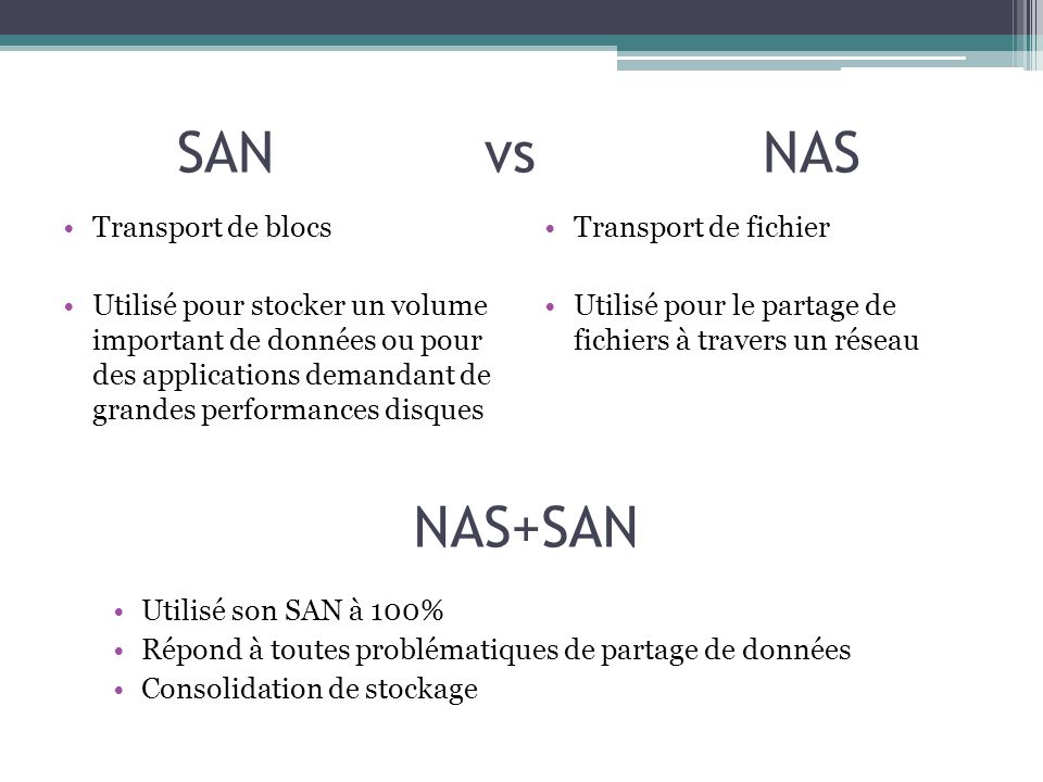 SAN vs NAS NAS+SAN Transport de blocs